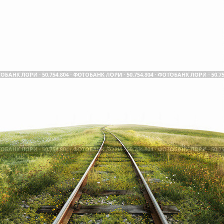Rusty railroad tracks disappearing into white background on green hill. Стоковое AI-изображение, AI-художник Иван Рябоконь / Фотобанк Лори