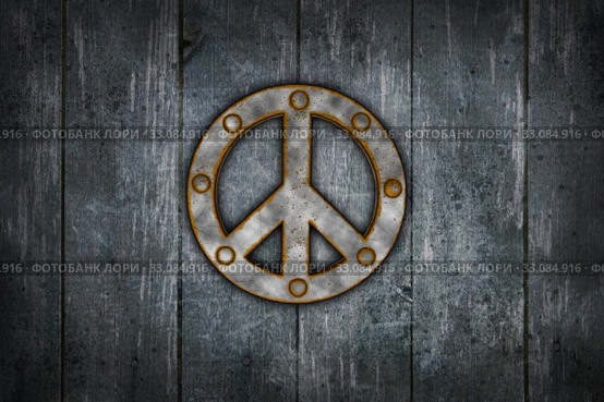 rusty riveted peace symbol on dirty wooden wall - 3d illustration. Стоковое фото, фотограф Jörg Röse-Oberreich / Smarterpix / Фотобанк Лори