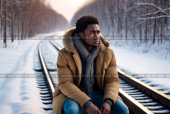 Sad african american guy sitting on railway track in snowy russian winter at falling snow countryside, eye looking away. Sorrowful black man posing outside. Lifestyle sorrow concept. Copy text space. Стоковое AI-изображение, AI-художник Aleksandr Golubev / Фотобанк Лори