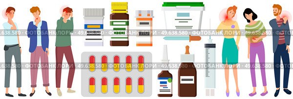 Sad people suffering from pain stand next to medicines, tablets, ointments for treatment of diseases. Painful sensations of sick characters. Men and women grabs their hands to sore body parts. Sad people suffering from pain stand next to medicines, tablets, ointments for treatment of diseases. Стоковая иллюстрация, агентство Ingram Publishing / Фотобанк Лори