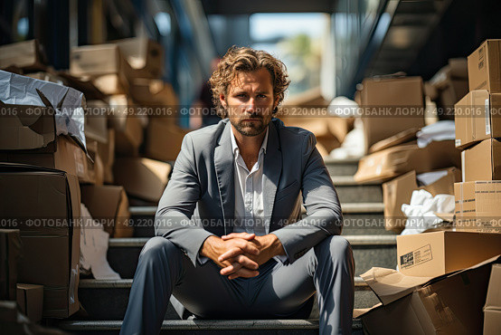 Sad suited man sits on the ground, surrounded by cardboard boxes, appearing contemplative or worried. Стоковое AI-изображение, AI-художник Данила Большаков / Фотобанк Лори