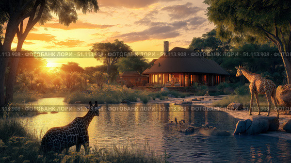 Safari lodge at sunset overlooking a waterhole with african wildlife and landscape. Стоковое AI-изображение, AI-художник Михаил Коханчиков / Фотобанк Лори