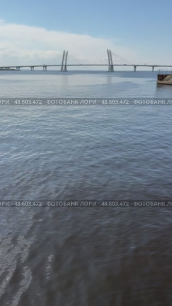Saint Petersburg. View from the embankment of Vasilievsky Island to the Gulf of Finland, the Western High-Speed ​​Diameter (WHSD) and a beautiful cable-stayed bridge on a sunny day. Vertical video. Стоковое видео, видеограф Виктория Катьянова / Фотобанк Лори