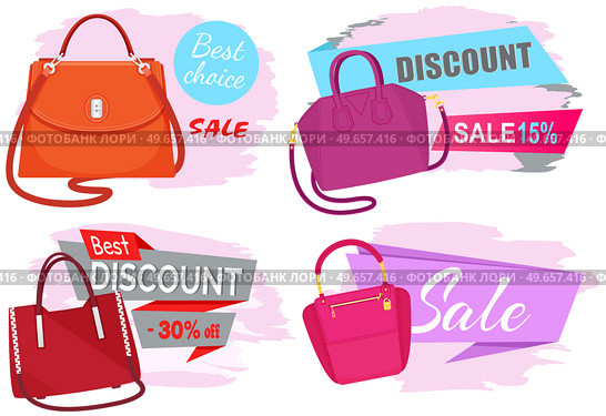 Sale poster with womens bag. Discount, special offers promotion, shopping advertisement set. Hand drawn style vector design illustration shop now concept, black friday marketing advertising template. Sale poster with womens bag, shop now. Discount, special offers promotion shopping advertisement set. Стоковая иллюстрация, агентство Ingram Publishing / Фотобанк Лори