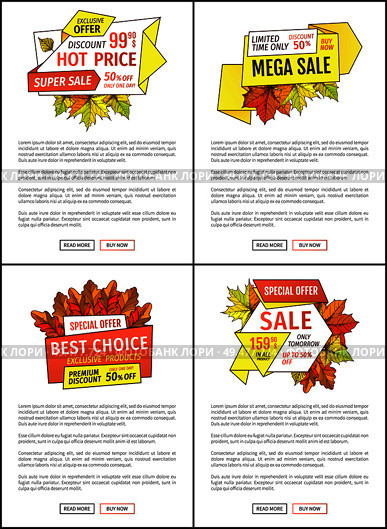 Sale promo posters set with maple leaves, oak foliage autumn symbols on advert leaflets. Exclusive offer only one day on Thanksgiving special prices. Sale Promo Posters Set Maple Leaves, Oak Foliage. Стоковая иллюстрация, агентство Ingram Publishing / Фотобанк Лори