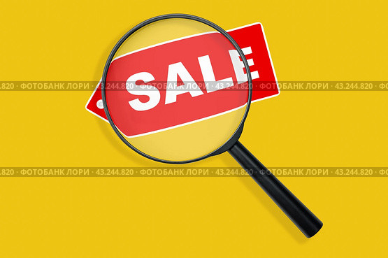 Sale search. search for favorable price, product search. search for best price, search for product and benefits when buying. Magnifying glass isolated on yellow with tag. Стоковое фото, фотограф Павел Муравьев / Фотобанк Лори