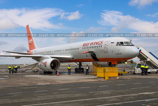 Самолет ТУ-204-100 авиакомпании "Red Wings" проходит предполетную подготовку в аэропорту Симферополь, Крым (2016 год). Редакционное фото, фотограф Вячеслав Палес / Фотобанк Лори