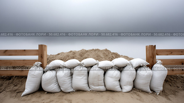 Sandbags line a protective barrier in a construction area during daytime. Стоковое AI-изображение, AI-художник Katsiaryna Repich / Фотобанк Лори