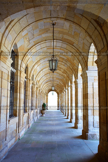 Santiago de Compostela Plaza Obradoiro arcade end of Saint James Way in Galicia Spain. Стоковое фото, агентство Ingram Publishing / Фотобанк Лори