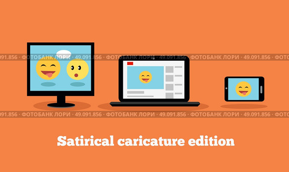 Satirical caricature edition design flat. Humorous edition. Internet site satirical on a smartphone, laptop. Funny video or picture on the screen. Vector illustration. Стоковая иллюстрация, агентство Ingram Publishing / Фотобанк Лори