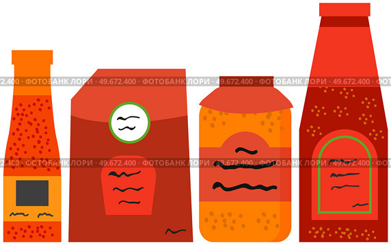 Sauces and spices, ketchup in bottles set. Ingredient used for flavoring, coloring or preserving food. Tomato sauces in plastic or glass containers. Spicy and mild liquids vector illustration. Spices, ketchup, salsa, food ingredients in bottles set. Tomato sauce in plastic or glass containers. Стоковая иллюстрация, агентство Ingram Publishing / Фотобанк Лори