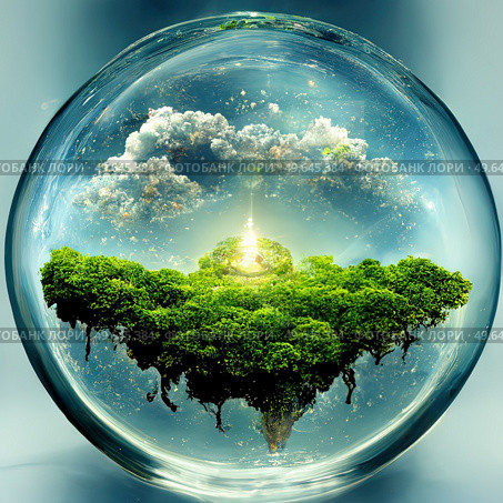 save the green planet concept with green Earth under blue sky in protecting shell, 3D illustration. green planet concept. Стоковое фото, агентство Ingram Publishing / Фотобанк Лори