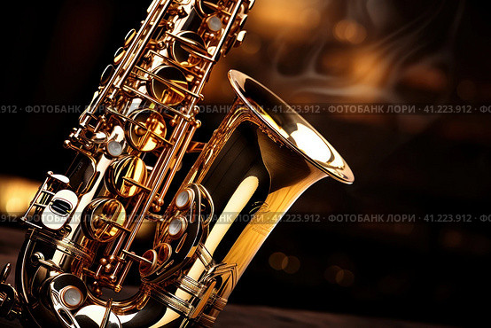Saxophone on Wooden Table. Стоковое AI-изображение, AI-художник Поликарпов Владимир Владимирович / Фотобанк Лори