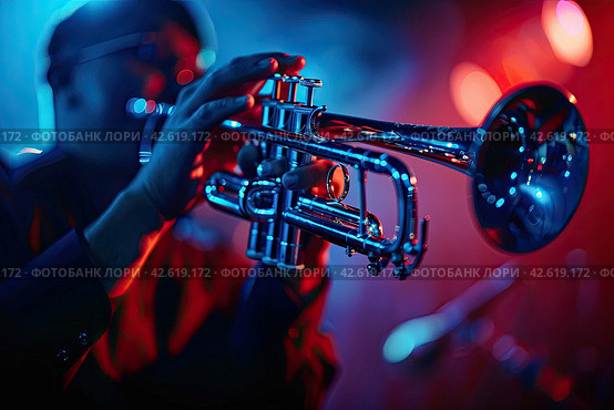 Saxophonist in close-up on the stage in red and blue tones. The concept of jazz. Стоковое AI-изображение, AI-художник Ярославский Максим / Фотобанк Лори