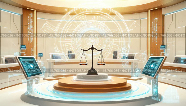 Scales of justice balancing in futuristic courtroom setting symbolizing innovation in law. Стоковое AI-изображение, AI-художник Юрий Поздников / Фотобанк Лори
