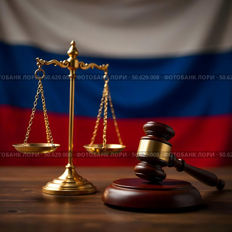 Scales of justice with Russian flag and judge gavel. Стоковое AI-изображение, AI-художник RamA / Фотобанк Лори