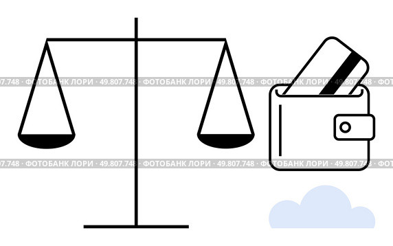 Scales tipped to one side next to a wallet containing a card and a small cloud. Ideal for finance, budgeting, wealth management, economic balance, cost-benefit analysis, financial planning, personal. Balancing Finances Scales Weighing Financial Decisions with Wallet and Card. Стоковая иллюстрация, агентство Ingram Publishing / Фотобанк Лори