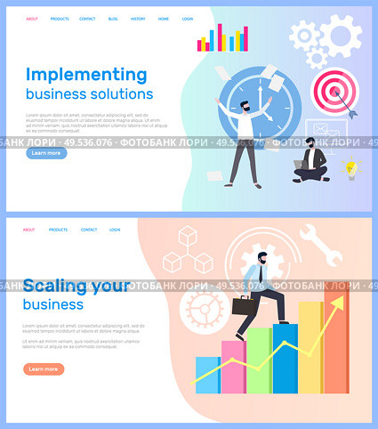 Scaling business and interpreting solution for company vector. Workers with aim targets male achieving success charts and diagrams, implementing decisions. Webpage template, landing page in flat style. Scaling Business and Implementing Working Solution. Стоковая иллюстрация, агентство Ingram Publishing / Фотобанк Лори