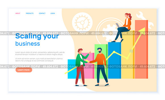 Scaling your business landing page template. Success, achievement, motivation business banner. Group of specialists develops a growth plan concept with businesswoman on graph columns and up arrow. Scaling your business landing page template. Success, achievement, motivation business banner. Стоковая иллюстрация, агентство Ingram Publishing / Фотобанк Лори