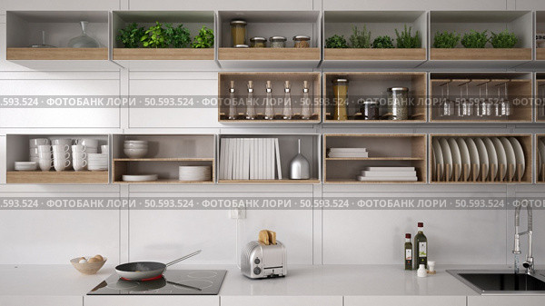 Scandinavian white kitchen, shelving system, minimalistic interi. Стоковое фото, агентство Ingram Publishing / Фотобанк Лори