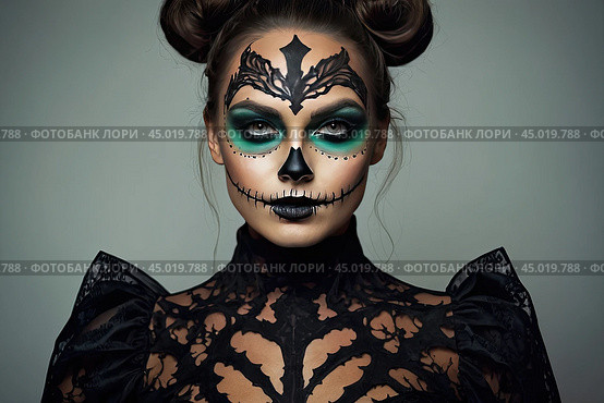 Scary Halloween makeup on a woman's face in the form of a skull, a corpse. Halloween Party. AI generated. Стоковое AI-изображение, AI-художник Ольга Симонова / Фотобанк Лори