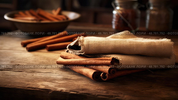 scene cinamon stick on table ai generated. Стоковое AI-изображение, AI-художник Vectorwin / Фотобанк Лори