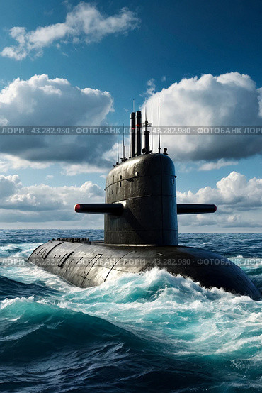 Scene of surfaced unknown nuclear submarine at north waters in open sea/ocean. Sub military control of sea, protection of water. Naval forces army, military war technology concept. Copy ad text space. Стоковое AI-изображение, AI-художник Aleksandr Golubev / Фотобанк Лори