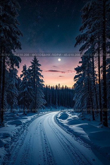 Scenery of scandinavian winter road in night forest at Finland Karelia, blue moonlight, starry sky. Wintertime landscape, amazing nature view. Seasonal winter serene scene concept. Copy ad text space. Стоковое AI-изображение, AI-художник Aleksandr Golubev / Фотобанк Лори