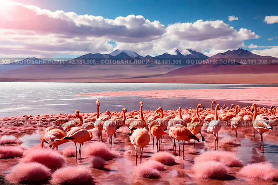 Scenery view of Laguna Colorada lake with pink chilean flamingos at Andes mountains background. Landscape photo of Bolivia in natural wilderness. Bolivian nature landmarks concept. Copy ad text space. Стоковое AI-изображение, AI-художник Aleksandr Golubev / Фотобанк Лори