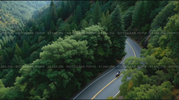 Scenic motorcycle ride through winding forest roads in a lush green landscape during daylight. Стоковое AI-видео, аниматор Сергей Толмачёв / Фотобанк Лори