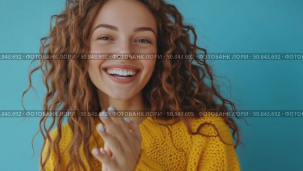 Счастливая девушка смеется и хлопает от радости в ладоши, портрет на синем фоне. Стоковое AI-видео, аниматор Щеголева Ольга / Фотобанк Лори