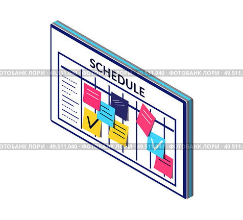 Schedule, timetable of company workers, board with sticky notes vector. Business plan and organization of workplace. Memos and lists to do check marks. Schedule, Timetable of Company Workers Board Notes. Стоковая иллюстрация, агентство Ingram Publishing / Фотобанк Лори