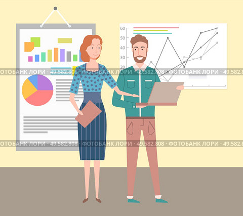 Schemes and charts vector, people showing presentation to business partners, colleagues with common aim and goal, male with laptop developing project. Man and Woman on Presentation, Whiteboard Charts. Стоковая иллюстрация, агентство Ingram Publishing / Фотобанк Лори