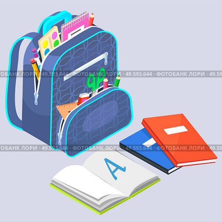 School bag with open notebook or book, pen and pencil, ruler and scissors, paint objects. Supplies in rucksack, education symbol, haversack with zipper, studying object, college equipment vector. Supplies in School Bag, Education Object Vector. Стоковая иллюстрация, агентство Ingram Publishing / Фотобанк Лори