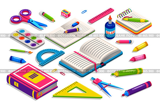 School chancery collection vector illustration of stuff for studying, scissors workbooks, pencils and felt-tip pens near paints, notepad and rubber. School Chancery Collection Vector Illustration. Стоковая иллюстрация, агентство Ingram Publishing / Фотобанк Лори