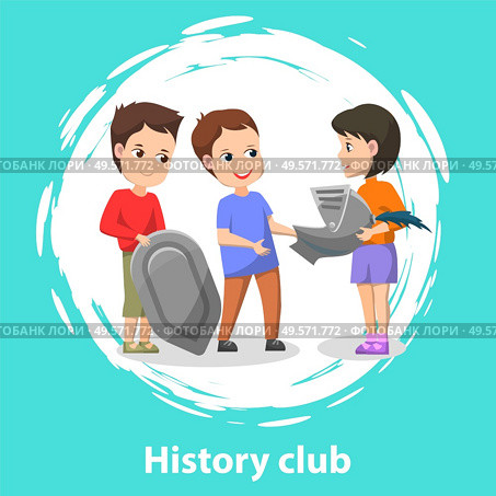 School history club for pupils. Three kids playing historical scene about knights. Children have armor and helmet for installation. Vector illustration in flat cartoon style. School History Club, Children Doing Installation. Стоковая иллюстрация, агентство Ingram Publishing / Фотобанк Лори