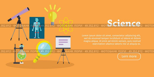 Science Banner. Scientific Equipment. Research. Science banner. Scientific equipment, space, medicine physics and chemistry concept. Medicinal substances, preparations, devices, equipment elements. Laboratory researches. Vector in flat style. Стоковая иллюстрация, агентство Ingram Publishing / Фотобанк Лори