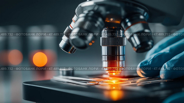 Scientist conducts research with microscope in laboratory setting. микроскоп, Ученый проводит исследования с помощью микроскопа в лабораторных условиях. Стоковое AI-изображение, AI-художник Katsiaryna Repich / Фотобанк Лори