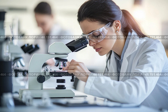 Scientist looking through microscope and using Laptop. Research female student scientist working in the Laboratory. Lab technician chemist analyzing sample through microscope. Conducting an experiment. Стоковое AI-изображение, AI-художник Марина Демидюк / Фотобанк Лори