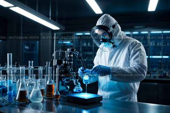 Scientist working putting experience mixing reagents in chemical laboratory wearing clean room protective suit conducting research while. Scientific and medical lab concept. Copy ad text space. Стоковое AI-изображение, AI-художник Aleksandr Golubev / Фотобанк Лори