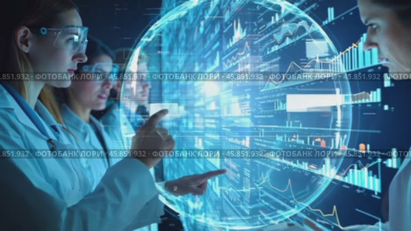 Scientists Analyze Data on Digital Screens in a High-Tech Lab Environment During a Research Project Focused on Data Visualization Techniques. Стоковое AI-видео, аниматор Sergey Grishin / Фотобанк Лори