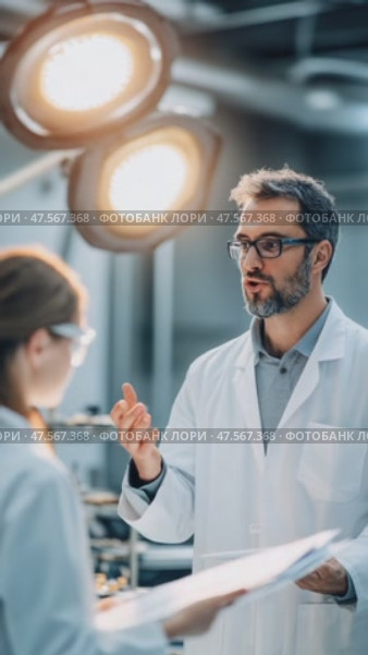 Scientists discussing research in laboratory. Стоковое AI-видео, аниматор Юрий Поздников / Фотобанк Лори