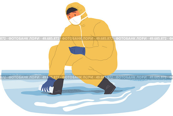 Scientists in protective suits collect samples of water. People analyze state of sea or ocean. Men collect water in test tube during experimental analysis. Impact of human activity, nature research. Scientists in protective suits collect samples of water. People analyze state of sea or ocean. Стоковая иллюстрация, агентство Ingram Publishing / Фотобанк Лори