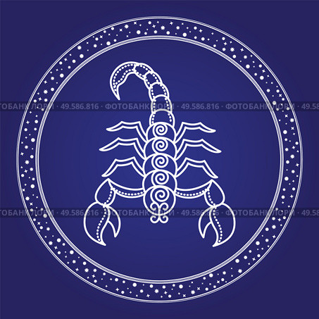 Scorpio constellation horoscope emblem in starry circle. Outline of cosmos scorpion character in round shape isolated on white. Card with astrology zodiacal sign and mythology element vector. Scorpion Emblem Horoscope Zodiac Symbol Vector. Стоковая иллюстрация, агентство Ingram Publishing / Фотобанк Лори
