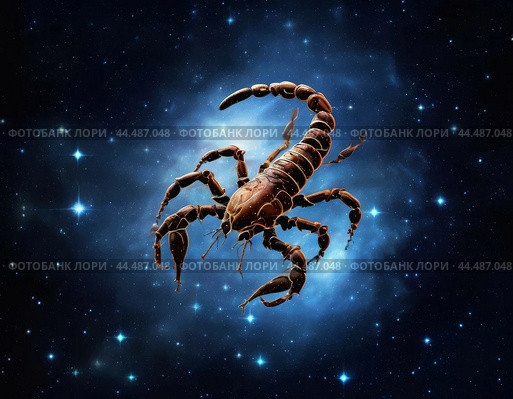 Scorpio in the night starry sky. Scorpio is a southern zodiac constellation. The brightest stars are Antares, Shaula and Sargasso. The best conditions for observation are May-June. Стоковое AI-изображение, AI-художник Сергей Елизарьев / Фотобанк Лори