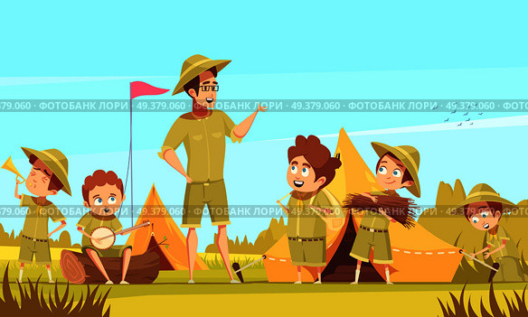 Scouting boys mentor guides outdoor adventures and survival activities in camping retro cartoon poster vector illustration. Scouts Camping Retro Cartoon Poster . Стоковая иллюстрация, агентство Ingram Publishing / Фотобанк Лори