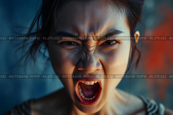 Screaming, hate, rage. Crying emotional angry asian woman screaming and yelling on gray studio background. Emotional, young face. Female close up portrait. Human emotions, facial expression concept. Стоковое AI-изображение, AI-художник Sergey Grishin / Фотобанк Лори