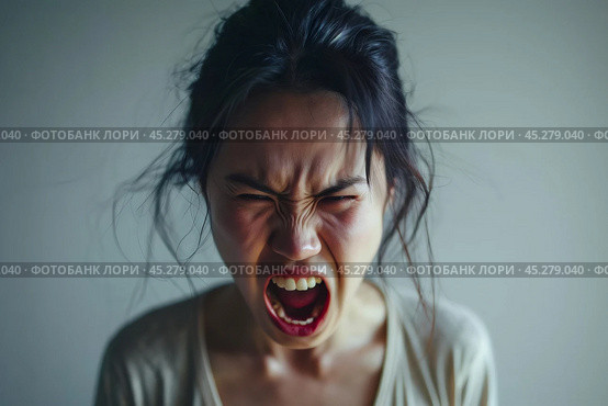 Screaming, hate, rage. Crying emotional angry asian woman screaming and yelling on gray studio background. Emotional, young face. Female close up portrait. Human emotions, facial expression concept. Стоковое AI-изображение, AI-художник Sergey Grishin / Фотобанк Лори