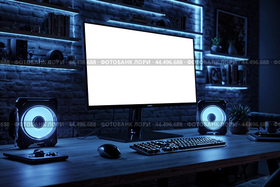 Screen monitor at blue neon light of personal gamer computer in dark living room. Monitor of pc on table at cozy home with modern design is neon lit. Advertising mock-up concept. Copy ad text space. Стоковое AI-изображение, AI-художник Aleksandr Golubev / Фотобанк Лори