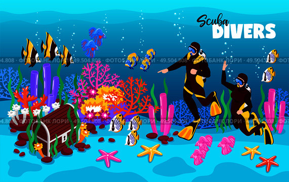 Scuba divers deep onderwater isometric fairy tale composition with treasure chest colorful corals fish water vector illustration. Стоковая иллюстрация, агентство Ingram Publishing / Фотобанк Лори